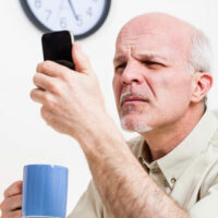 Man squinting reading phone